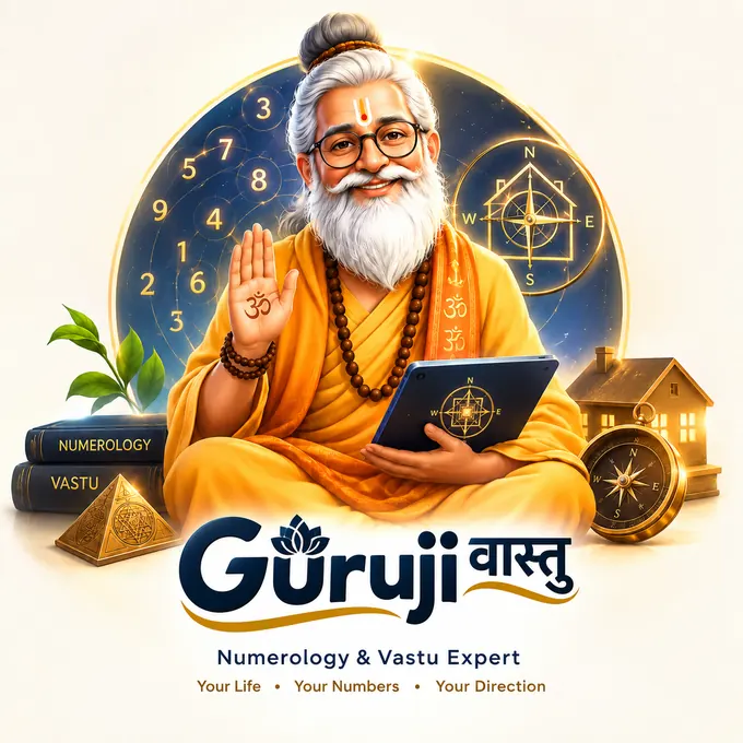 Guru Ji, numerology and Vastu expert, smiling with a raised blessing hand and a tablet showing a compass